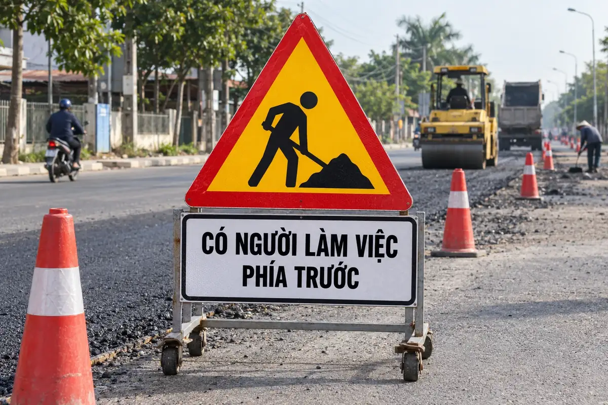 Biển báo công trình đang thi công kiểu tam giác vàng viền đỏ hình người xúc đất, biển phụ chữ Có người làm việc phía trước đặt trên khung đỡ cạnh đoạn đường đang thi công