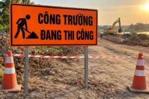 Biển chữ nhật nền cam chữ đen Công trường đang thi công gắn trên hai cột thép, phía xa có máy xúc đang làm việc