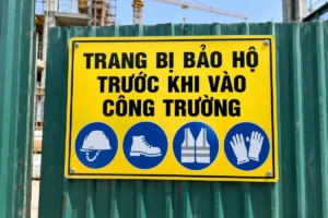 Biển báo an toàn lao động trên công trường nền vàng, bốn ký hiệu mũ, giày, áo, găng tay, gắn trên tường tôn