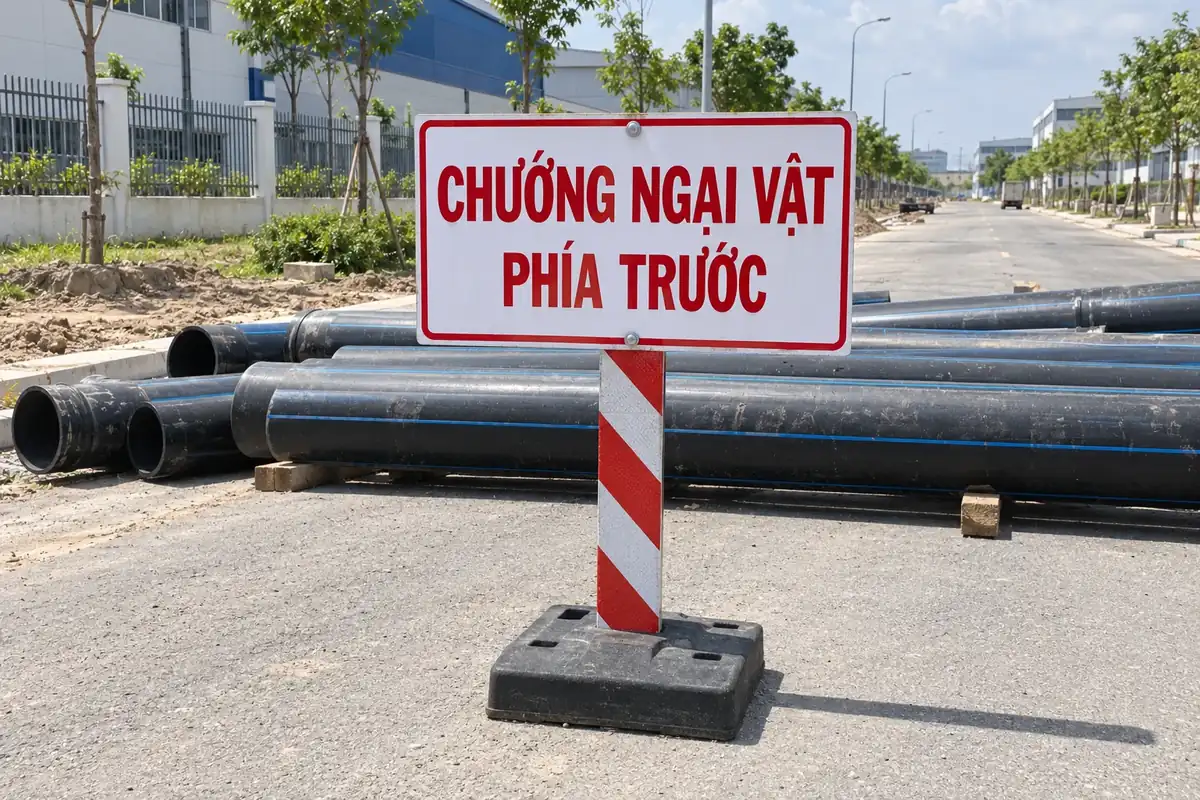 Biển báo chướng ngại vật phía trước nền trắng chữ đỏ gắn trên cột sọc đỏ trắng, đặt trước đống ống nhựa đen trên đường