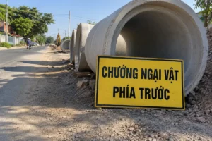 Bảng chữ nhật nền vàng viền đen chữ đen Chướng ngại vật phía trước, đặt sát ống bê tông cạnh đường đang thi công
