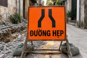 Bảng vuông nền cam chữ đen ĐƯỜNG HẸP có hình thu hẹp, đặt trên khung giữa ngõ nhỏ có rãnh đào