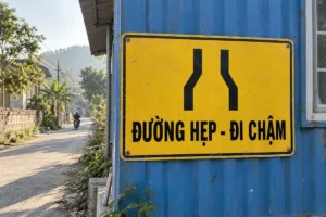 Bảng nền vàng chữ đen có hình đường thu hẹp và dòng Đường hẹp - Đi chậm, bắt vít trên thân container xanh cạnh đường nhỏ