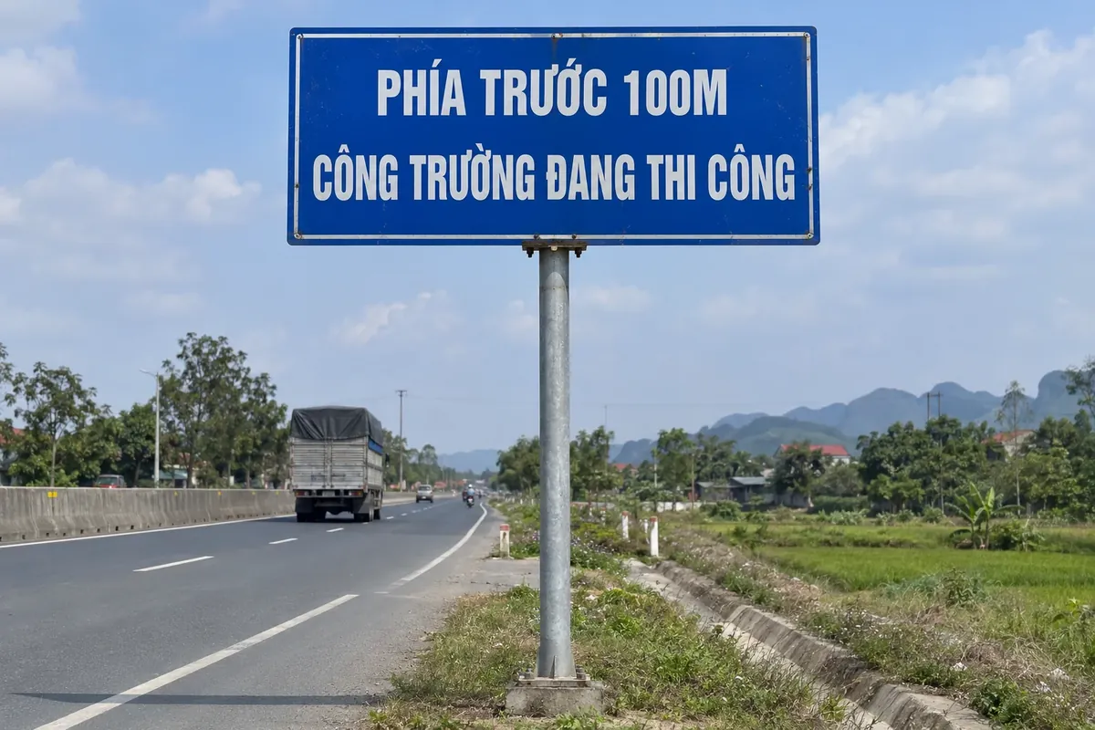 Biển báo khu vực đang thi công nền xanh chữ trắng ghi Phía trước 100M, Công trường đang thi công, dựng trên cột bên đường nhựa