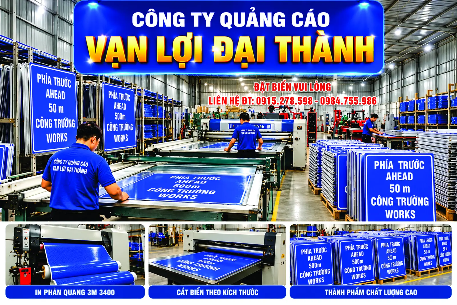 Biển báo phía trước có công trường 20 m, 50 m và 100 m – ảnh mẫu 01