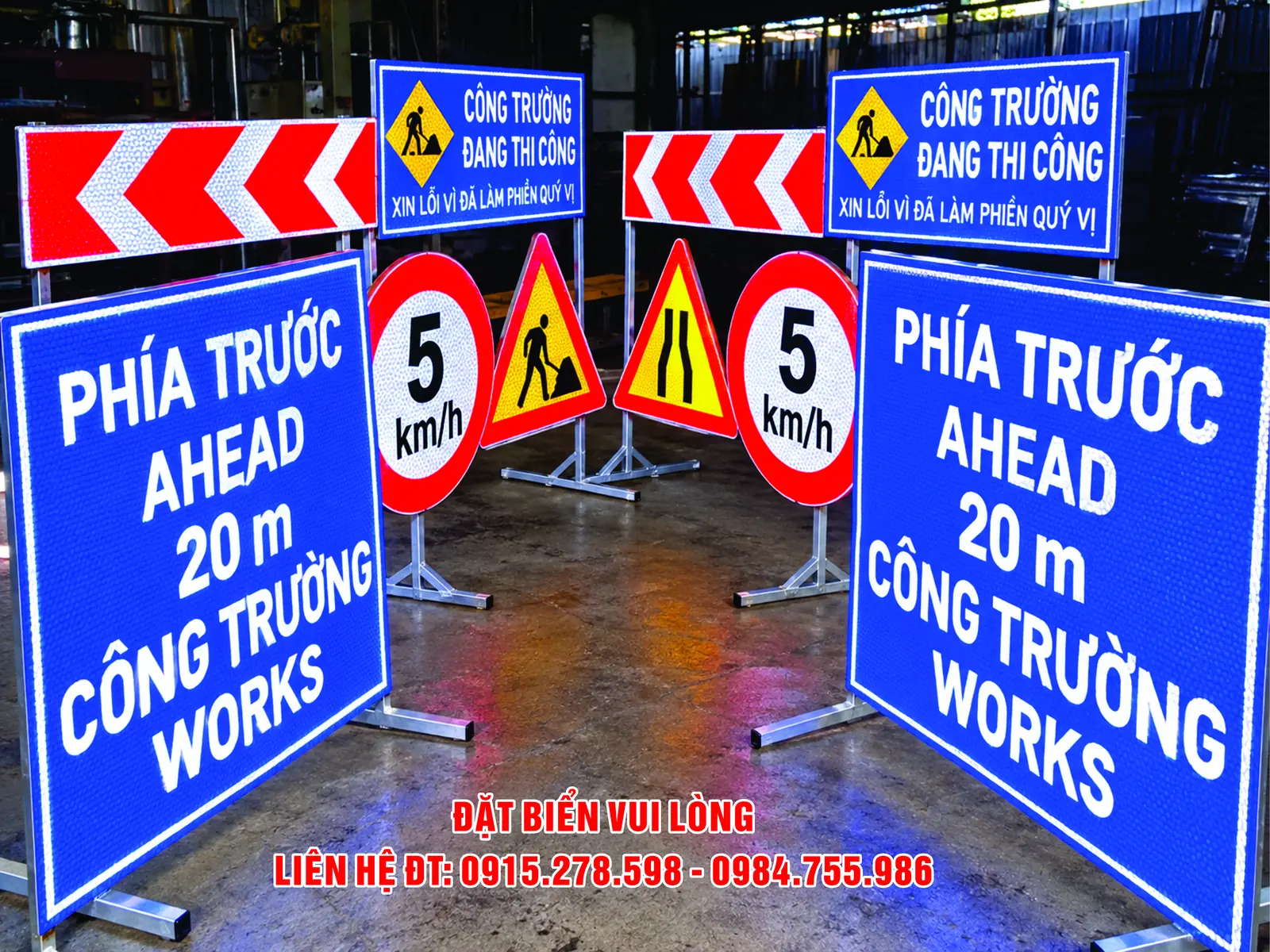 Biển báo phía trước có công trường 20 m, 50 m và 100 m – ảnh mẫu 03