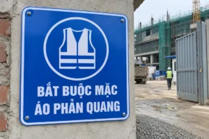 Biển báo an toàn lao động bắt buộc mặc áo phản quang: biển vuông nền xanh dương, vòng tròn trắng có hình áo gile có vạch ngang, chữ BẮT BUỘC MẶC ÁO PHẢN QUANG, gắn trên trụ tường cạnh cổng công trường