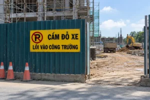 Bảng nền vàng chữ đen Cấm đỗ xe, Lối vào công trường, có biểu tượng chữ P gạch chéo đỏ, gắn trên tường rào tôn xanh cạnh cổng công trường