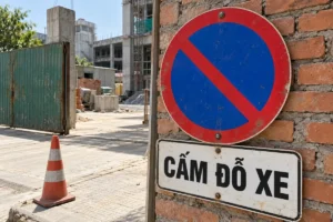 Biển cấm đỗ xe hình tròn nền xanh viền đỏ có một vạch chéo đỏ, gắn trên tường gạch cùng bảng chữ Cấm đỗ xe, cạnh cổng công trường