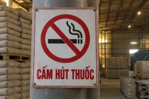 Biển cấm hút thuốc hình điếu thuốc bị gạch chéo trong vòng tròn đỏ, chữ Cấm hút thuốc, gắn trên cột thép trong kho vật tư