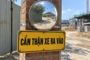 Biển chữ nhật nền vàng viền đen chữ Cẩn thận xe ra vào gắn trên trụ gạch, bên trên có gương cầu lồi, bên cạnh là cổng tôn