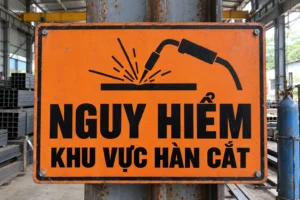 Biển cảnh báo nguy hiểm khu vực hàn cắt: biển cam viền đen có hình mỏ hàn và tia lửa, gắn trên cột thép trong xưởng