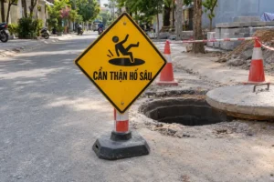 Biển cảnh báo hố sâu hình thoi nền vàng viền đen chữ Cẩn thận hố sâu, hình người trượt chân, đặt cạnh hố ga mở trên đường