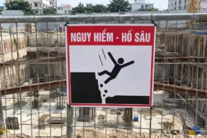 Biển cảnh báo hố sâu nền trắng viền đỏ chữ Nguy hiểm - Hố sâu, hình người ngã xuống mép hố, đặt trước hố móng công trường