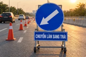Biển tròn nền xanh mũi tên trắng chếch sang trái kèm bảng chữ Chuyển làn sang trái, đặt giữa làn đường lúc hoàng hôn