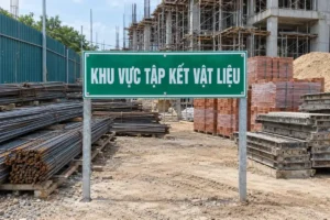Biển nền xanh lục chữ trắng Khu vực tập kết vật liệu gắn trên hai trụ thép, sau lưng là sắt thép và giàn giáo