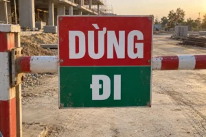 Biển vuông hai nửa, nửa trên đỏ chữ Dừng, nửa dưới xanh lục chữ Đi, bắt vít vào thanh đỏ trắng ở cổng công trường