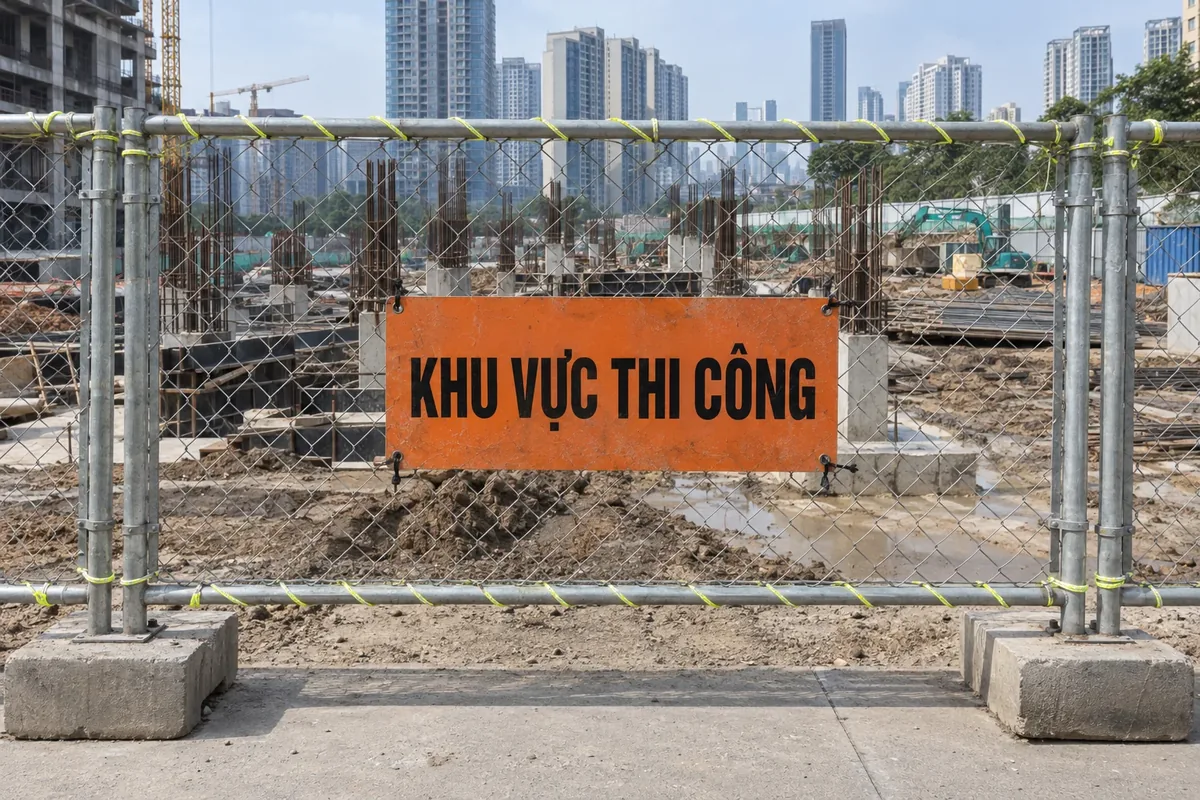 Hàng rào công trình bằng lưới thép, giữa treo biển nền cam chữ đen Khu vực thi công, phía sau là công trường đang đổ móng