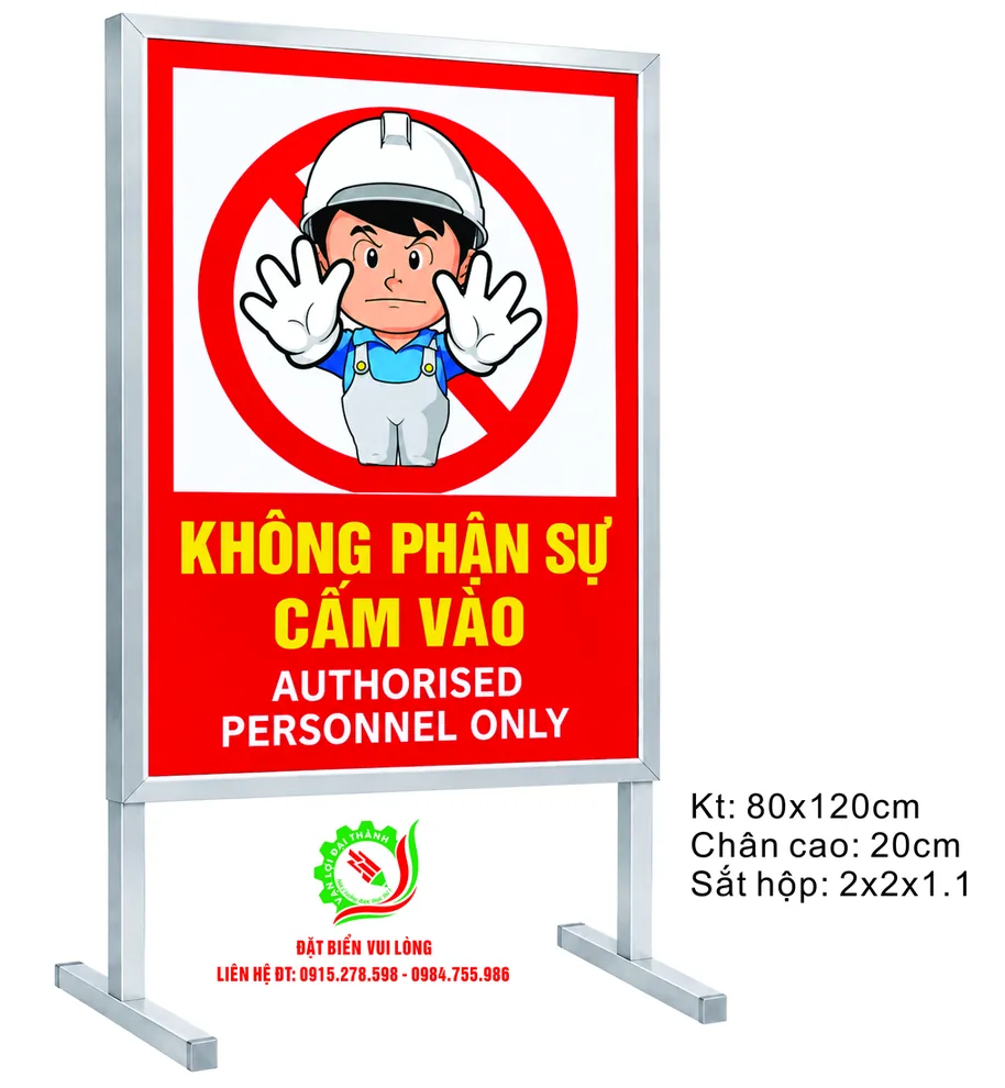Biển Không phận sự cấm vào song ngữ Authorised personnel only, mặt đỏ hình công nhân đội mũ giơ tay ngăn, 80x120cm trên chân sắt hộp