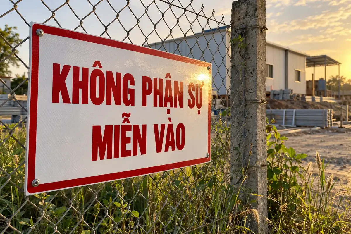 Biển không phận sự miễn vào nền trắng viền đỏ, chữ đỏ, bắt vít trên hàng rào lưới thép cạnh cột bê tông, phía sau là bãi vật liệu và nhà tiền chế