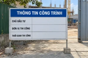 Biển nền trắng, tiêu đề xanh dương Thông tin công trình, ba dòng Chủ đầu tư, Đơn vị thi công, Thời gian thi công, ô trống