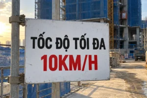 Bảng chữ nhật nền trắng ghi Tốc độ tối đa bằng chữ đen và 10km/h bằng chữ đỏ, gắn vào cột giàn giáo cạnh công trình đang xây
