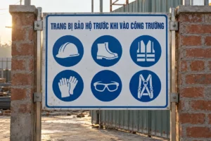 Biển trang bị bảo hộ nền trắng viền xanh, sáu ký hiệu bảo hộ, gắn giữa hai trụ gạch ở cổng công trường