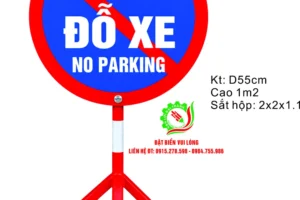 Biển tròn Cấm đỗ xe No parking nền xanh viền đỏ có vạch chéo, đường kính 55cm trên chân ba chạc