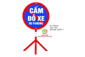 Biển tròn Cấm đỗ xe No parking nền xanh viền đỏ có vạch chéo, đường kính 55cm trên chân ba chạc