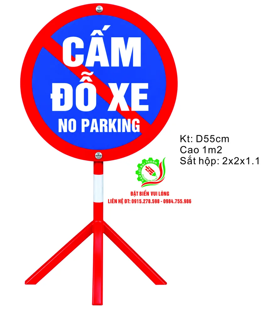 Biển tròn Cấm đỗ xe No parking nền xanh viền đỏ có vạch chéo, đường kính 55cm trên chân ba chạc
