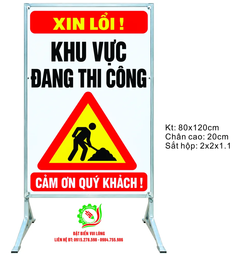 Biển Xin lỗi khu vực đang thi công cảm ơn quý khách, hình người xúc đất, 80x120cm trên chân đế xòe chéo