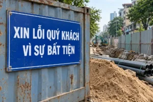 Biển chữ nhật nền xanh Xin lỗi quý khách vì sự bất tiện gắn trên thân container cũ, phía sau có máy xúc và rãnh đào trên đường