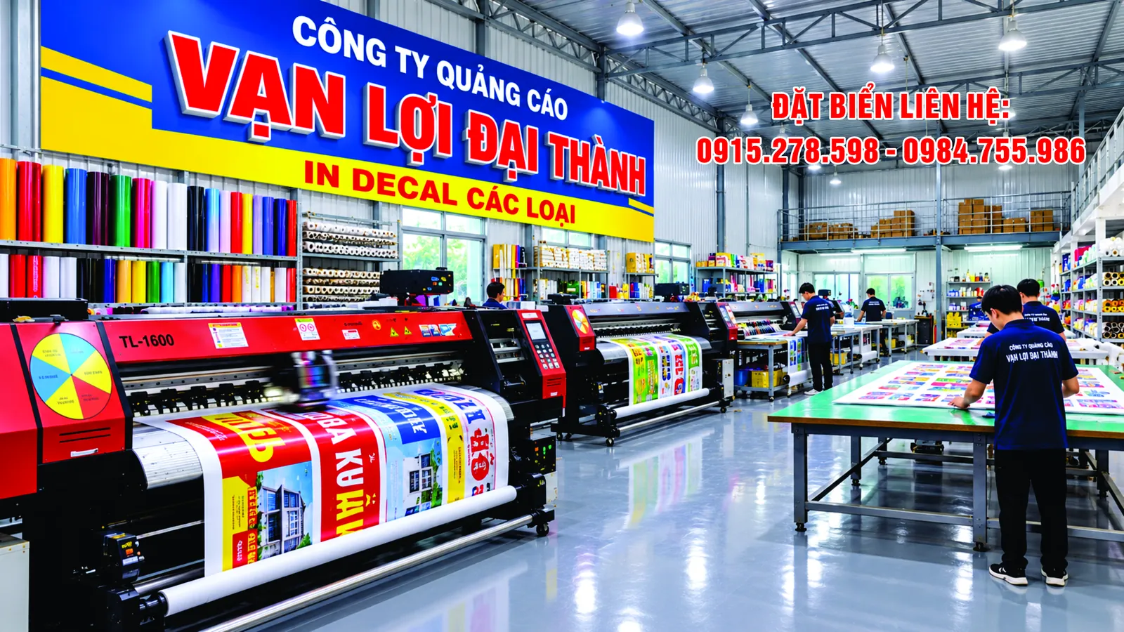 In decal các loại: khu máy in cuộn, cuộn decal nhiều màu và bàn thao tác trong xưởng