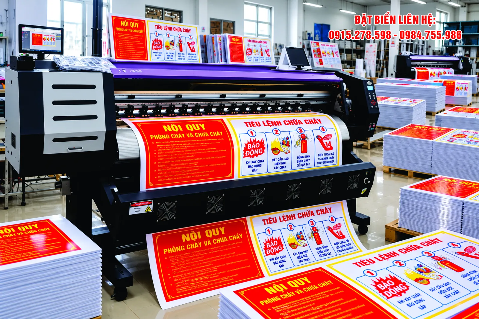 In decal nội quy tiêu lệnh PCCC: máy in cuộn đang in nội quy phòng cháy chữa cháy