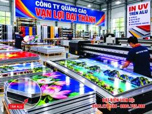 In UV trên alu: tấm alu in hoa sen và tranh phong cảnh, nhân viên đang kiểm tra bản in