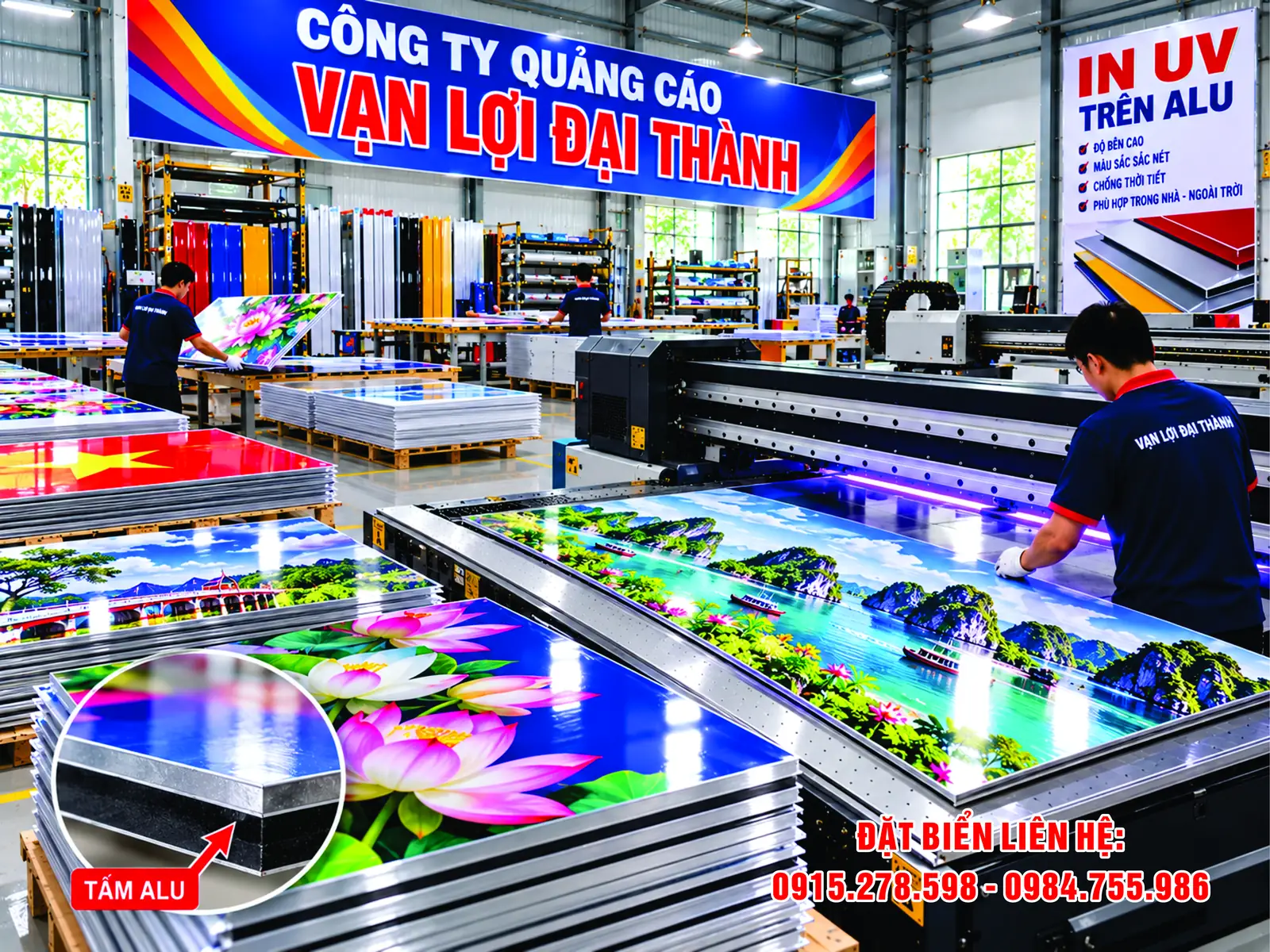 In UV trên alu: tấm alu in hoa sen và tranh phong cảnh, nhân viên đang kiểm tra bản in