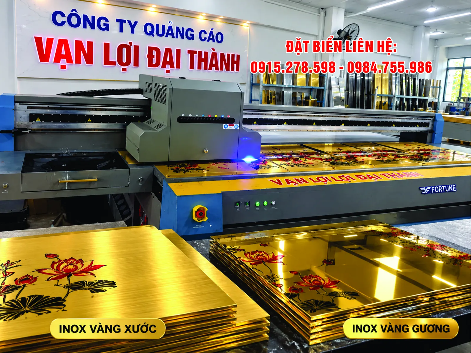 In UV trên inox vàng: tấm inox vàng xước và inox vàng gương in hoa sen