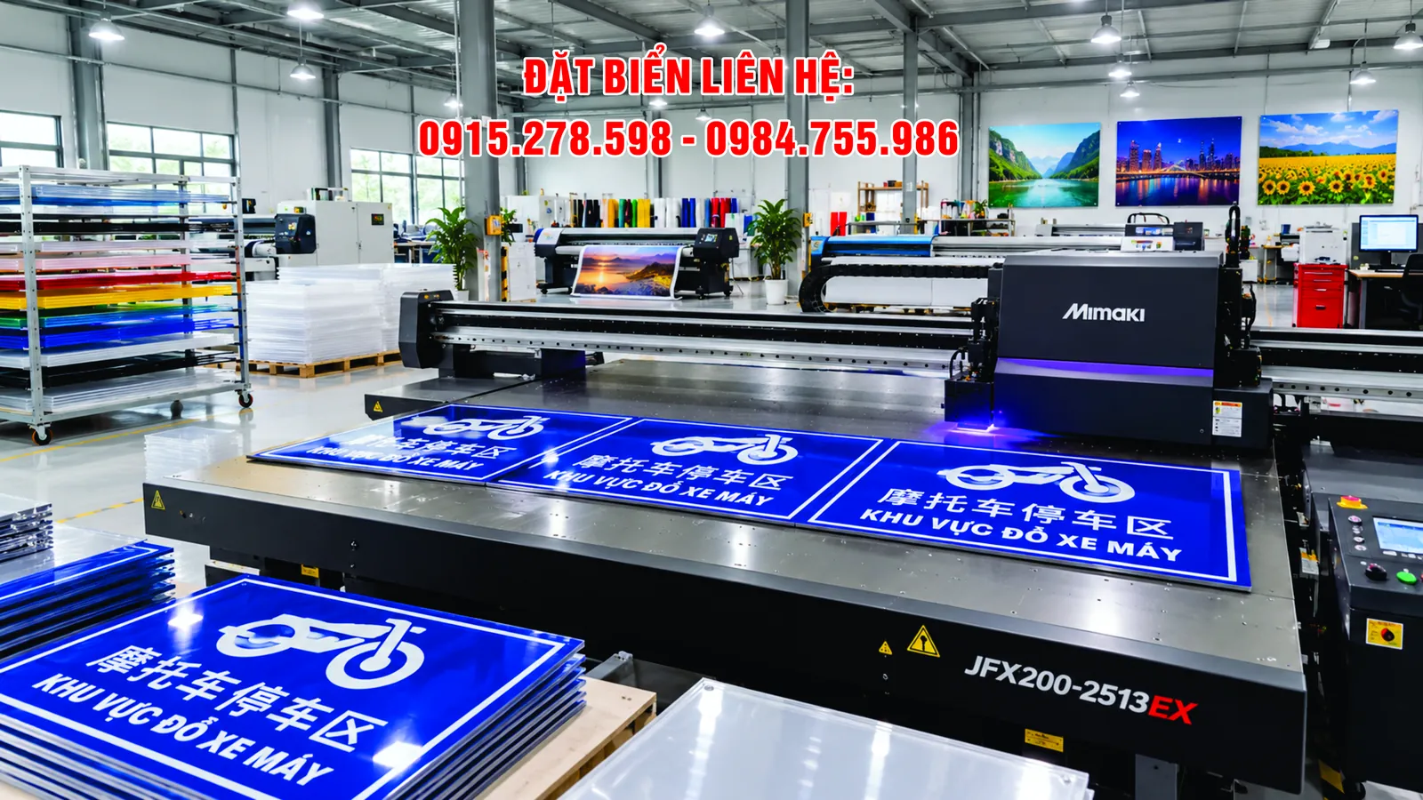 In UV phẳng trên mica: lô biển khu vực đỗ xe máy nền xanh trên bàn máy in UV phẳng