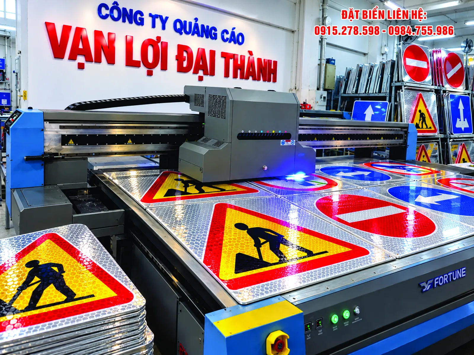 In UV trên vật liệu phản quang: biển cảnh báo công trường và biển cấm đang in trên máy in UV phẳng