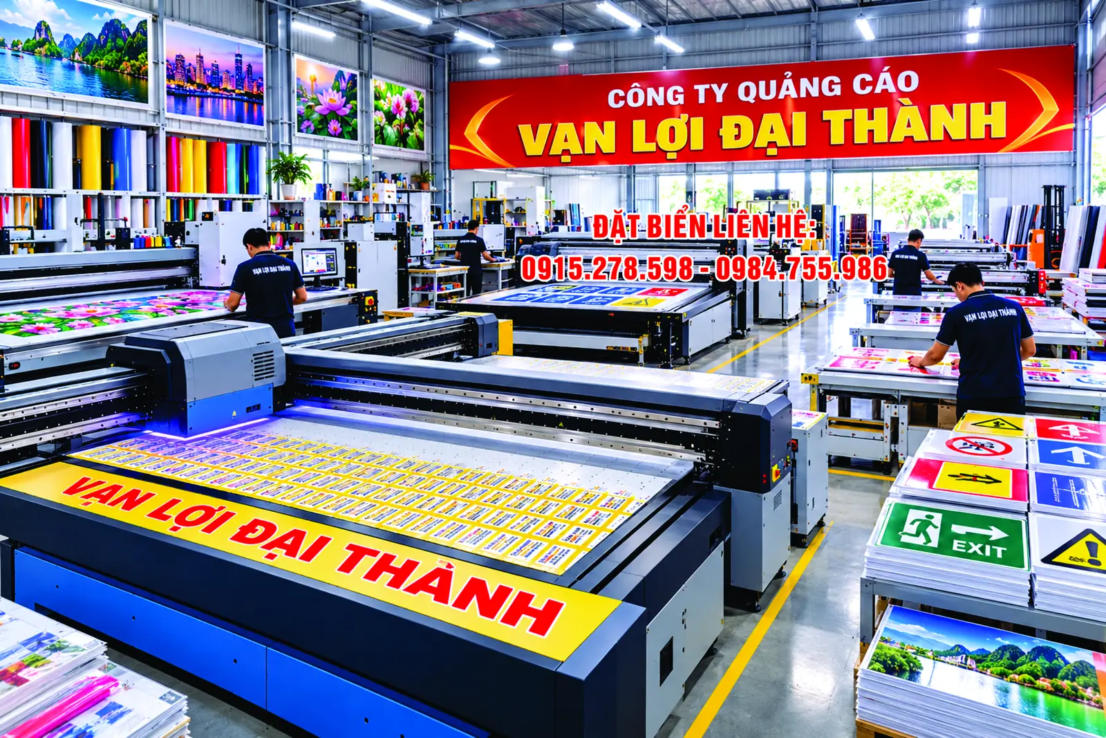 Khu máy in UV phẳng cùng kệ vật liệu và các mẫu đã in trong xưởng